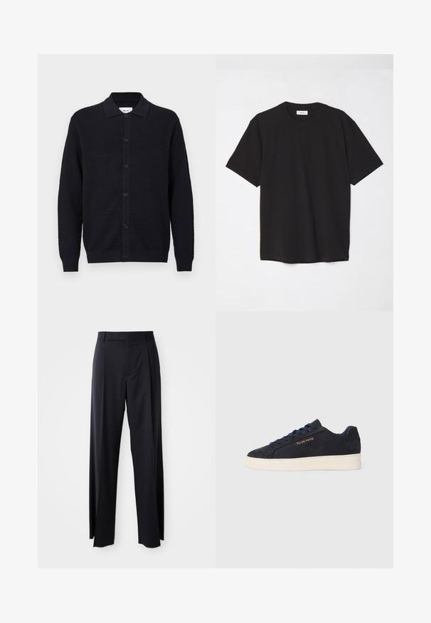 Melna teksturēta adīta džemperis ar garām piedurknēm, pogu aizdari un salocītu apkakli, izlikts uz vienkārša balta fona.; Melna kokvilnas T-krekls ar apaļu kakla izgriezumu, īsām piedurknēm un brīvu piegulšanu. Vienkāršs dizains, gluda tekstūra un bez redzamām rakstiem vai logotipiem.; Melnas, augstās vidukļa bikses ar platām kājām, izgatavotas no gludas auduma. Iezīmē priekšējās krokas un jostas cilpas. Minimalistisks dizains, bez redzamām detaļām.; Navy zila zamšas zema augstuma kedas ar baltu zoli, navy krāsas auklām un "Filling Pieces" logo zeltā sānos.