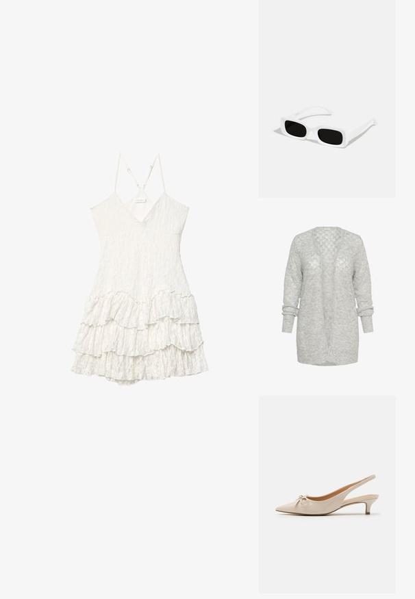Cardigan en tricot gris clair avec une coupe décontractée, un devant ouvert et des manches longues à revers. Matière douce et texturée avec un motif subtil.; Robe en dentelle blanche sans manches avec décolleté en V, bretelles fines réglables et détail de jupe à volants superposés.; Escarpins slingback en cuir verni beige avec un bout pointu et un nœud décoratif sur le devant. Comprennent un talon bas et fin ainsi qu'une texture lisse.; Lunettes de soleil rectangulaires blanches avec des verres noirs, présentant une finition mate et une texture lisse. Les branches sont élégantes et légèrement courbées.; Sac à main en cuir blanc présentant une forme incurvée, une bandoulière ajustable et une fermeture éclair sur le dessus. Texture lisse avec des détails matériels minimalistes.