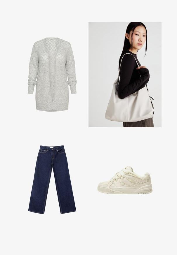 Lysegrå strikcardigan med afslappet pasform, åben front og lange ærmer med opsmøg. Blødt, tekstureret materiale med et diskret mønster.; Hvid, tekstureret kortærmet top med rund halsudskæring og raglanærmer, der har et diskret bølgemønster og let materiale.; Mørkeblå brede jeans lavet af denim, med kontrast-syninger, fem-lomme design og knaplukning.; Beige sneakers med en tekstureret overdel, fremtrædende snørebånd, mesh-paneler og en tyk sål. Kurvet design med en polstret krave for komfort.; Beige håndtaske lavet af blødt materiale med et slouchy design, stikninger og to skulderremme. Velegnet til daglig brug.