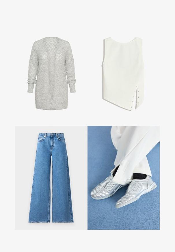 Cardigan tricotat de culoare gri deschis, cu o croială lejeră, deschis în față și mâneci lungi cu manșete rulate. Material moale, texturat, cu un model subtil.; Top alb fără mâneci, cu guler rotund, tiv asimetric și butoniere pe lateral pentru închidere. Material neted, ușor.; Îngrijirea albastră din denim cu picioare largi, cu talie înaltă, având un design clasic cu cinci buzunare și cusături pe laturi pentru un plus de detaliu.; Pantofi sport argintii cu un finisaj neted și lucios, având un design cusut și cifra 90 pe lateral, asortați cu pantaloni albi.