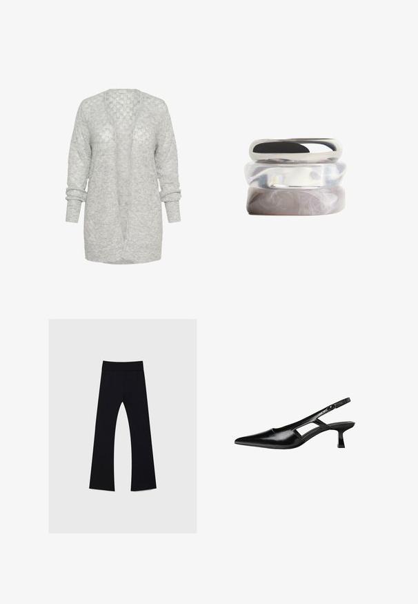 Lysegrå strikcardigan med afslappet pasform, åben front og lange ærmer med opsmøg. Blødt, tekstureret materiale med et diskret mønster.; Hvid ærmeløs top med rund halsudskæring. Lavet af glat stof, har den en afslappet pasform og minimalistisk design. Ingen mønstre eller accenter.; Sorte yogabukser med høj talje, lavet af strækbart stof, med en buks designet med flared ben og en glat tekstur hele vejen igennem.; Sorte patentlæder slingback hæle med spids tå, udskåret sideskærm og en lille firkantet hæl. Glat tekstur med minimale detaljer.; Tre stablede ringe med glatte overflader, herunder en sølvmetallisk ring, en klar gennemsigtig ring og en marmoreret lys grå ring.