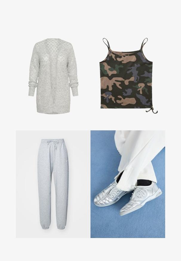 Šviesiai pilkas megztinis su laisvu kirpimu, atviru priekiniu uždengimu ir ilgomis rankovėmis su suknegtomis apykaklėmis. Minkšta, tekstūruota medžiaga su subtiliu raštu.; Brandit Viršus - darkcamo; Šviesiai pilki džinsai, pagaminti iš minkštos medvilnės mišinio, su elastingu juosmeniu ir stringais, siaurėjančiomis kojomis ir apykaklėmis. Minimalus prekės ženklo detalizavimas.; Sidabriniai sportiniai batai su lygiu, blizgiu paviršiumi, turintys siuvinėtą dizainą ir numerį 90 šone, derinami su baltais kelnėmis.