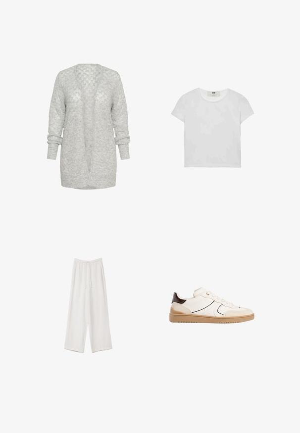 Helle graue Strickjacke mit entspannter Passform, offenem Vorderteil und langen Ärmeln mit aufgerollten Bündchen. Weiches, strukturiertes Material mit einem subtilen Muster.; Weißes T-Shirt mit kurzen Ärmeln und Rundhalsausschnitt, aus weicher Baumwolle gefertigt, mit einem schlichten, sauberen Design ohne sichtbare Muster oder Akzente.; Weiße weit geschnittene Hose aus leichtem Stoff. Mit einem elastischen Bund und Kordelzug sowie Seitentaschen. Glatte Textur.; Stradivarius Sneaker low - white