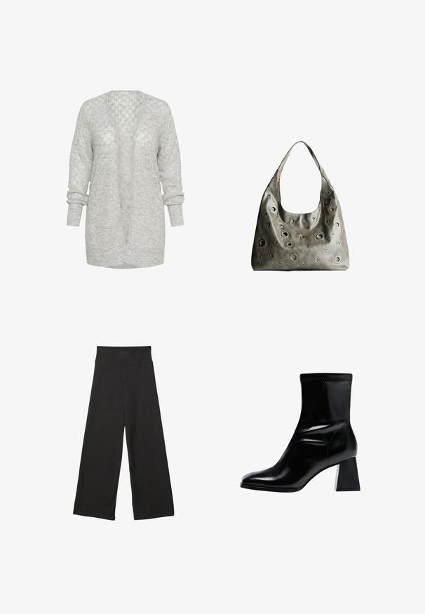 Helle graue Strickjacke mit entspannter Passform, offenem Vorderteil und langen Ärmeln mit aufgerollten Bündchen. Weiches, strukturiertes Material mit einem subtilen Muster.; Weißes T-Shirt mit kurzen Ärmeln und Rundhalsausschnitt, aus weicher Baumwolle gefertigt, mit einem schlichten, sauberen Design ohne sichtbare Muster oder Akzente.; Schwarze weit geschnittene Hosen mit einem hohen elastischen Bund, weichem Stoff und lockerer Passform, geeignet für legere Anlässe oder entspannte Umgebungen.; Schwarze Knöchelstiefel aus glattem Leder. Besitzen einen Blockabsatz mit einem strukturierten, gerippten Muster und einem schlanken, spitz zulaufenden Zehendesign.; Olivgrünes Lederhandtäschchen mit einem lässigen Design, das verschiedene runde Ausschnitte in unterschiedlichen Größen und Akzente in dunkleren und helleren Farbtönen aufweist.