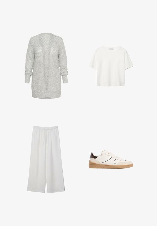 Lysegrå strikcardigan med afslappet pasform, åben front og lange ærmer med opsmøg. Blødt, tekstureret materiale med et diskret mønster.; Hvid kortærmet t-shirt lavet af bomuld. Har en rund halsudskæring og en afslappet pasform. Glat tekstur uden synlige mønstre eller detaljer.; Hvide vidde bukser lavet af letvægtsstof, med en elastisk talje og snøre for justerbar pasform. Glat tekstur.; Stradivarius Sneakers - white