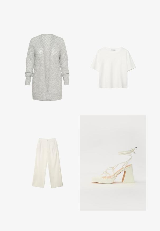 Lysegrå strikcardigan med afslappet pasform, åben front og lange ærmer med opsmøg. Blødt, tekstureret materiale med et diskret mønster.; Hvid kortærmet t-shirt lavet af bomuld. Har en rund halsudskæring og en afslappet pasform. Glat tekstur uden synlige mønstre eller detaljer.; Bredde bukser i cremefarvet stof med en glat tekstur, der har en enkelt knap foran, diskrete folder og design med høj talje.; Hvide højhælede sandaler med en kraftig hæl, der har et stropdesign og ankelbinding. Glat tekstur med en platform foran for ekstra højde.