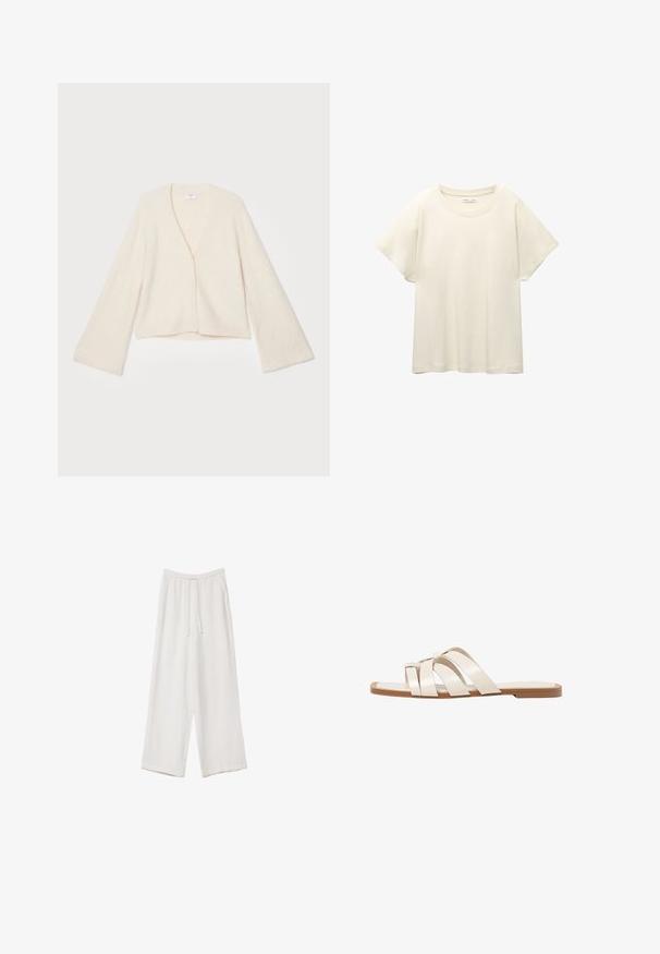 Cardigan color crema con scollo a V, maniche a campana lunghe e quattro bottoni. Texture morbida, design corto e senza motivi visibili.; Maglietta a maniche corte beige chiaro con scollatura rotonda, realizzata in un tessuto morbido e liscio. Presenta una vestibilità comoda e un orlo dritto.; Pantaloni a gamba larga bianchi realizzati in un tessuto leggero. Presentano una vita elastica con cordoncino e tasche laterali. Texture liscia.; Infradito con suola in gomma color talpa, progettate con tre cinturini in pelle bianca sovrapposti e un piccolo dettaglio a fiocco al centro.