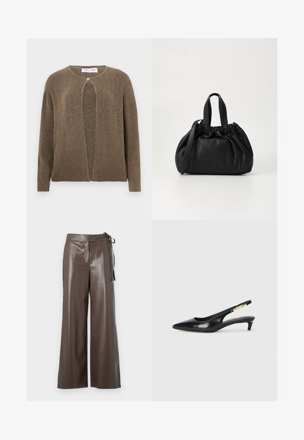 Brown, open-front cardigan with a rounded neckline and long sleeves. Features a single button closure and ribbed cuffs and hem. Soft texture.; White cotton t-shirt with short sleeves, round neck, and minimal gray logo detail on the front. Smooth texture, regular fit.; Brown faux leather wide-leg pants with high waist and side tie detail on a white background.; Black leather slingback heels with a pointed toe, featuring a slim heel and a gold-tone accent on the adjustable strap. Smooth texture.; Black leather handbag with a gathered top design, featuring two short handles and a long adjustable strap. Smooth texture, rounded shape.