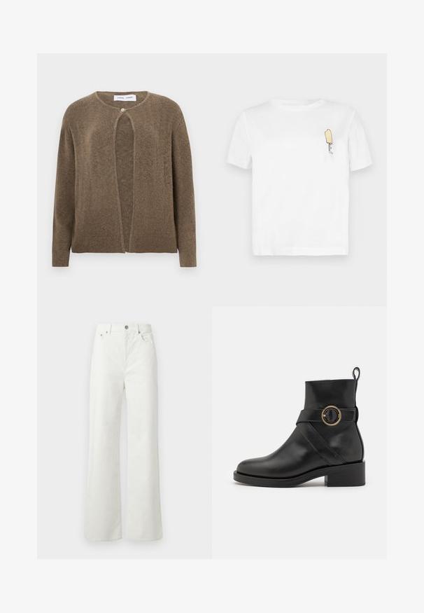 Brun, åben front cardigan med rund halsudskæring og lange ærmer. Har en enkelt knaplukning og ribbede manchetter og kant. Blød tekstur.; Hvid bomulds t-shirt med korte ærmer, der har et minimalistisk, broderet gul isbjørn-graphic på venstre brystområde.; Samsøe Samsøe SHELLY - Jeans Relaxed Fit - clear cream; BOSS IRYNA BOOTIE - Plateaustøvletter - black