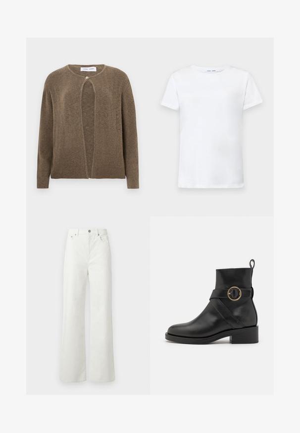 Brązowy kardigan otwarty z okrągłym dekoltem i długimi rękawami. Posiada pojedyncze zapięcie na guzik oraz ribbowe mankiety i dół. Miękka tekstura.; Biała koszulka z krótkim rękawem, wykonana z bawełny, z okrągłym dekoltem. Gładka tekstura i prosty krój, bez wzorów czy akcentów.; Samsøe Samsøe SHELLY  mleczny; BOSS IRYNA czarny