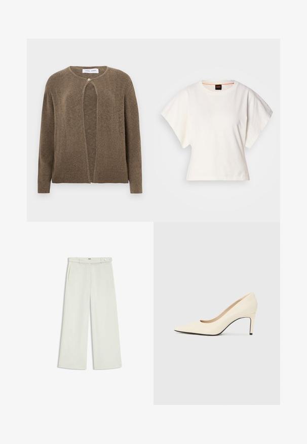 Brown, open-front cardigan with a rounded neckline and long sleeves. Features a single button closure and ribbed cuffs and hem. Soft texture.; White cropped T-shirt, short wide sleeves, soft cotton material, round neckline with subtle orange trim, minimal design, no patterns or graphics.; Wide-leg pants in light cream fabric, featuring side pockets, a flat front, and a single button closure at the waist. Smooth texture.; White leather high-heeled pump with a pointed toe, smooth texture, and black sole accent. Classic design with a moderate heel height.