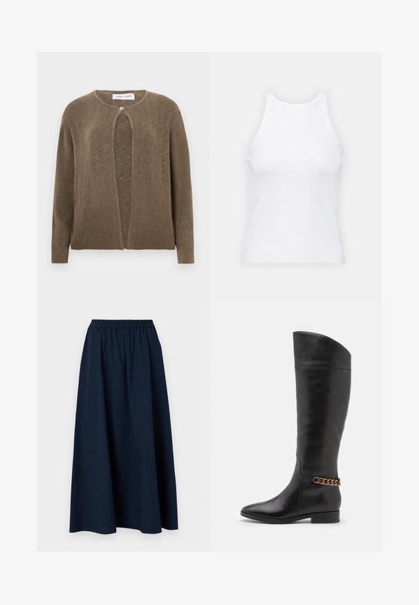 Cardigan ouvert marron avec un col rond et des manches longues. Présente une fermeture à un bouton et des poignets et un ourlet côtelés. Texture douce.; Débardeur blanc sans manches en tissu côtelé, doté d'un col rond et d'une silhouette ajustée, avec des coutures minimales et sans ornements.; Jupe longue bleu marine en tissu texturé, avec une taille élastique et de subtils rayures verticales.; Bottes en cuir noir hautes au design épuré, avec un bout pointu et un accent en chaîne dorée à la cheville. Talon bas en bloc. Texture lisse.