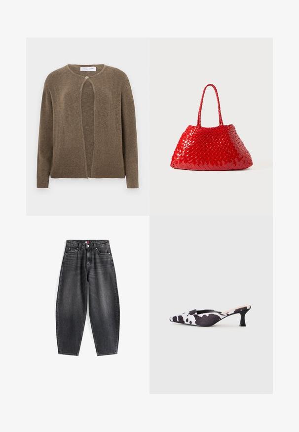 Braune, offene Strickjacke mit gerundetem Ausschnitt und langen Ärmeln. Verfügt über einen einzelnen Knopfverschluss sowie gerippte Bündchen und Saum. Weiche Textur.; Hellblaues Langarm-Polohemd mit horizontalen grauen und weißen Streifen und einem Kragen.; Hochgeschnittene schwarze Denim-Jeans mit lockerer Passform, ausgestattet mit fünf Taschen, Gürtelschlaufen und einem Markenlabel am Bund.; Schwarze und weiße Slingback-High Heels mit spitzem Schuhdesign im Kuhfellmuster. Obermaterial aus Stoff mit strukturierter Oberfläche und schmalem schwarzen Absatz.; Rote gewebte Handtasche mit glänzender Oberfläche, ausgestattet mit geflochtenen Griffen. Auffällige dreieckige Form und strukturierte Oberfläche mit dichtem Muster.