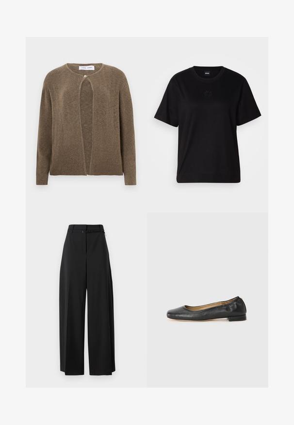 Brown, open-front cardigan with a rounded neckline and long sleeves. Features a single button closure and ribbed cuffs and hem. Soft texture.; Black cotton t-shirt with a crew neckline, short sleeves, and an embroidered logo on the chest. Simple, relaxed fit with no patterns.; Black wide-leg trousers with a high waist and a belt. Features a smooth texture and clean lines, designed for a relaxed fit.; Black leather ballet flats with a rounded toe and minimal stitching. Low, rectangular heel and smooth texture. Subtle interior lining detail.