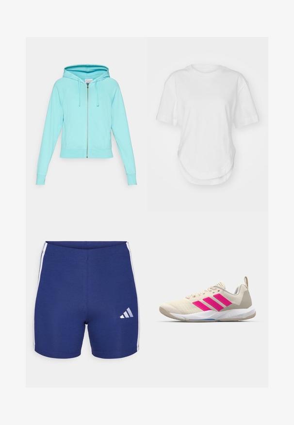 Fato de capuz azul-claro com fecho éclair, com bainha ajustada, mangas raglan e capuz forrado. Apresenta bolsos frontais e um fecho prateado.; T-shirt branca de algodão com decote redondo, mangas curtas e bainha curva. Textura suave sem padrões ou detalhes.; Calções de atletismo azuis de marinha feitos de tecido elástico, com riscas brancas nas laterais e o logótipo refletor da Adidas na perna esquerda.; Sapata atlética bege com logotipo de três riscas cor-de-rosa, parte superior em malha texturizada, colarinho acolchoado e sola de borracha branca, apresentando a marca "LIGHTSTRIKE".