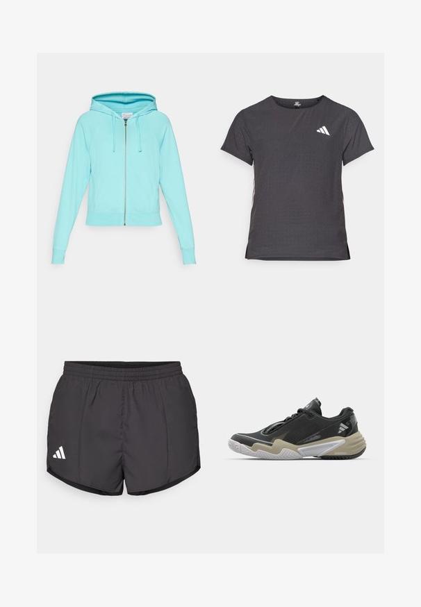 Svijetloplava majica s kapuljačom na patentni zatvarač, s prilagođenim rubom, raglan rukavima i obloženom kapuljačom. Sadrži prednje džepove i srebrni patentni zatvarač.; Majica kratkih rukava za sport, tamno siva s perforiranim uzorkom. Ima bijeli logo i kontrastne bočne pruge. Zaobljeni izrez.; Crne atletske kratke hlače od laganog materijala, s elastičnim pojasom i bijelim Adidas logotipom na donjoj lijevoj strani.; Crne i bež atletske tenisice s teksturiranim gornjim dijelom, istaknutim dizajnom potplata, reflektirajućim detaljima i sustavom vezivanja. Lagana konstrukcija.