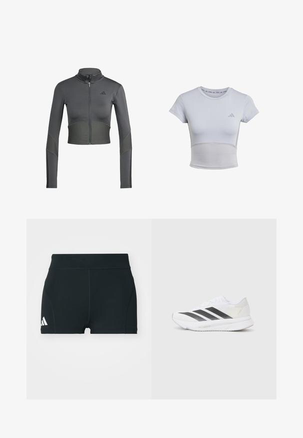 Giacca sportiva grigia con zip e maniche lunghe, caratterizzata da una texture a coste in vita e sulle maniche, e un logo sul lato sinistro del petto.; adidas Performance T-Shirt sport - halo silver grey; Pantaloni sportivi neri realizzati in tessuto elasticizzato, con vita alta, forma aderente e logo Adidas bianco sul lato sinistro.; Scarpa sportiva bianca con strisce diagonali nere, tomaia in rete, punta arrotondata e suola testurizzata. Gli accenti includono un tallone argentato e un design minimalista.