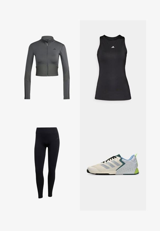 Grey athletic zip-up jacket with long sleeves, featuring ribbed texture on the waist and sleeves, and a logo on the left side of the chest.; Black sleeveless athletic top made of smooth fabric. Features a round neckline and a small white Adidas logo on the chest.; Black athletic leggings made of stretchy fabric, featuring a high waistband, fitted design, and ribbed ankle cuffs. Subtle brand logo.; Lightweight athletic shoes featuring a cream mesh upper, grey stripes, a green accent, and a textured blue heel counter. Black laces.