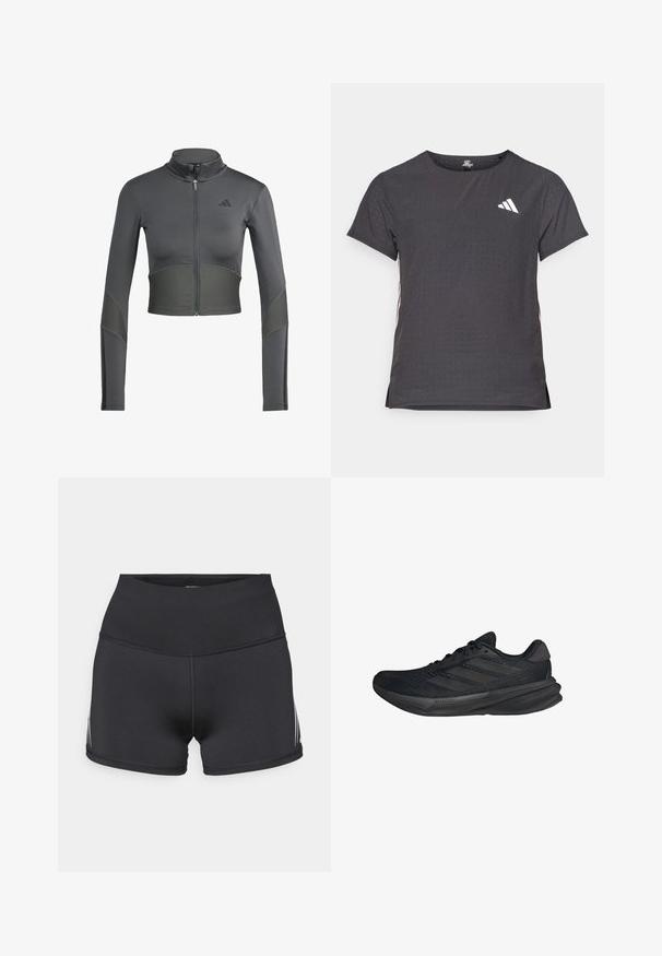 Šedá sportovní zipová bunda s dlouhými rukávy, s žebrovanou texturou na pase a rukávech, a logem na levé straně hrudi.; Kraťasový sportovní tričko, tmavě šedé barvy s perforovanou texturou. Obsahuje bílé logo a kontrastní boční pruhy. Kulatý výstřih.; Černé atletické šortky s vysokým pasem, vyrobené z pružné tkaniny. Mají bílé boční pruhy a ploché švy pro pohodlí.; Černé sportovní boty s síťovaným svrškem, aerodynamickým tvarem, plochou podrážkou a třemi šikmými pruhy na boku. Lehký design pro pohodlí.