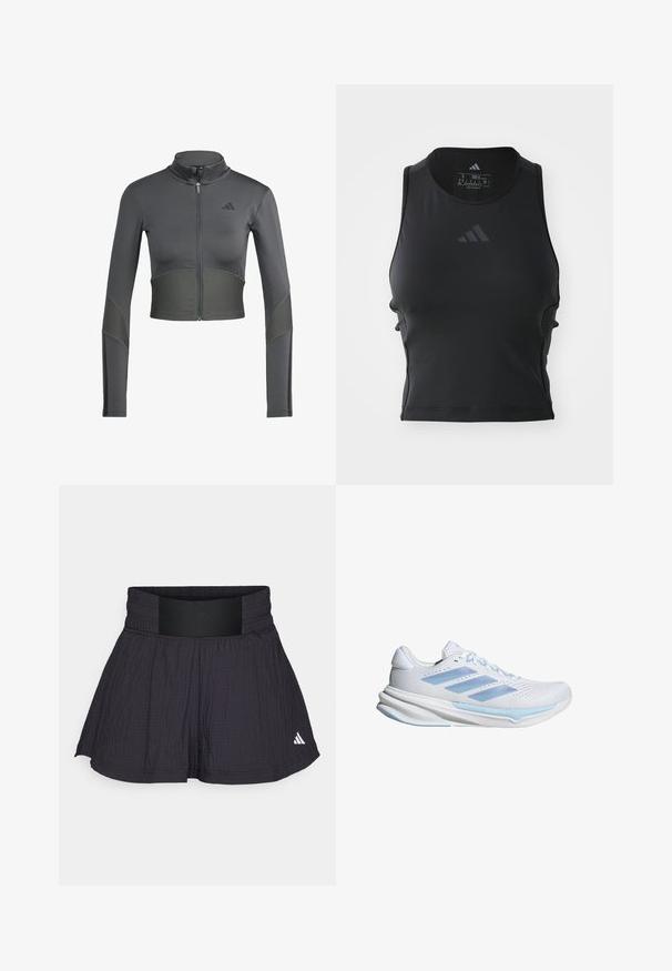 Giacca sportiva grigia con zip e maniche lunghe, caratterizzata da una texture a coste in vita e sulle maniche, e un logo sul lato sinistro del petto.; Top fitness nero accorciato realizzato in tessuto liscio ed elastico; presenta un collo rotondo e un piccolo logo riflettente sul davanti.; adidas Performance TENNIS PRO AEROREADY SEERSUCKER - Pantaloncini sportivi - black; Scarpe da corsa bianche con accenti blu chiaro, tomaia in rete traspirante, design a tre strisce, soletta ammortizzata e suola con trazione testurizzata.