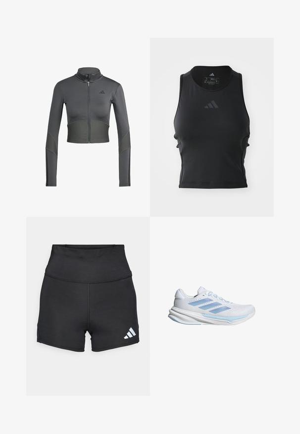 Sivá športová zip-up bunda s dlhými rukávmi, s rebrovým textúrovaním na páse a rukávoch, a s logom na ľavej strane hrudi.; Čierny krátky fitness top vyrobený z hladkej, elastickej tkaniny; má okrúhly výstrih a malú, reflexnú značku na prednej strane.; adidas Performance Legíny - black; Biele bežecké topánky s svetlomodrými detailmi, priedušný zvršok z textilu, dizajn s tromi pruhmi, polstrovaná podrážka a textúrovaná vonkajšia podrážka pre lepšiu trakciu.