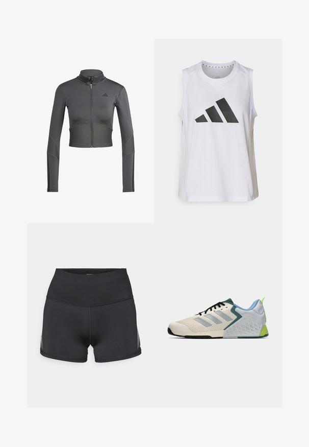 Grey athletic zip-up jacket with long sleeves, featuring ribbed texture on the waist and sleeves, and a logo on the left side of the chest.; White sleeveless athletic top with round neckline, featuring a large black Adidas logo composed of three stripes on the front.; Black athletic shorts with a high waistband, made of stretch fabric. Features white side stripes and flatlock seams for comfort.; Lightweight athletic shoes featuring a cream mesh upper, grey stripes, a green accent, and a textured blue heel counter. Black laces.