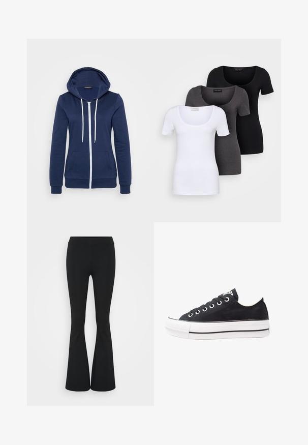 Námornická zipová mikina s bílými šňůrkami, předními kapsami a žebrovanými manžetami. Měkká tkanina s hladkým povrchem, která má ležérní design.; Tři přiléhavé trička v bílé, šedé a černé barvě. Každé má široký výstřih a krátké rukávy. Vyrobeno z hladké, pružné tkaniny.; Černé zvonové kalhoty vyrobené z elastického materiálu, s vysokým pasem a hladkou texturou. Kalhoty se rozšiřují od kolene.; Černé plátěné tenisky s bílou gumovou podrážkou, kulatou špičkou, nízkým střihem, kovovými očky a texturovaným krytem špičky. Tenký černý pruh podél podrážky.