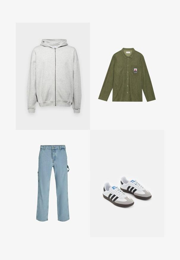 Lysegrå zip-up hoodie lavet af blødt stof. Har en hætte, to frontlommer og ribbede manchetter for en behagelig pasform.; Olivenfarvet corduroy skjorte med lange ærmer, knaplukning, to brystlommer og et bjergmotiv patch på den venstre lomme.; Hvid bomulds t-shirt med korte ærmer, rund halsudskæring, afslappet pasform, og ingen synlige logoer eller mønstre. Glat tekstur og minimalistisk design.; Lysblå denim cargo bukser med en afslappet pasform, der har sideløkker til tilkobling og frontlommer, og viser en falmet tekstur.; Sportsko med en overdel i hvid læder, grå ruskind på tåen og tre sorte striber. Har et blåt logo på tungen og en struktureret gummisål.