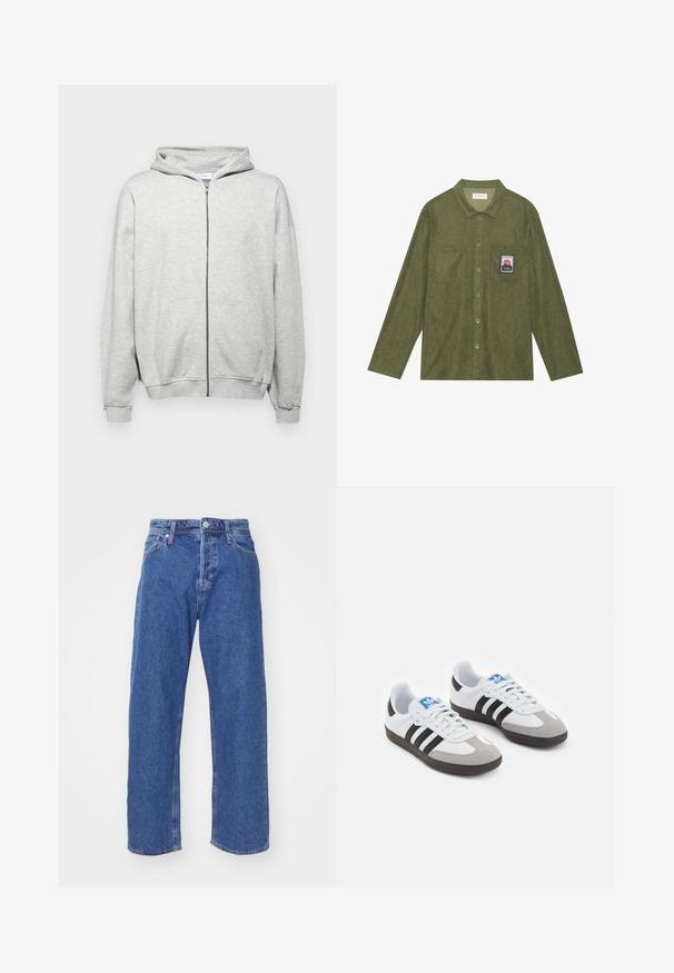 Light grey zip-up hoodie made of soft fabric. Features a hood, two front pockets, and ribbed cuffs for a comfortable fit.; Olive green corduroy shirt with long sleeves, button closure, two chest pockets, and a mountain graphic patch on the left pocket.; Blue denim jeans with a straight leg design, featuring a button and zipper fly, five-pocket style, and minimal stitching details.; Sport shoes with a white leather upper, gray suede toe, and three black stripes. Features a blue logo on the tongue and a textured rubber sole.