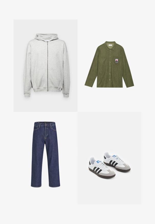 Világosszürke zipzáras kapucnis pulóver, puha anyagból készült. Kapucnival, két elülső zsebbel és bordázott mandzsettákkal rendelkezik a kényelmes illeszkedés érdekében.; Olívazöld kordbársony ing hosszú ujjakkal, gombos záródással, két mellzsebbel és egy hegyi grafikás folttal a bal zseben.; Sötétkék farmernadrág egyenes szabással, öt zsebes kialakítással, fém gombos záródással és kontrasztos varrással, diszkrét textúrával.; Fehér bőr felsőrészes sportcipő, szürke velúrból készült orral és három fekete csíkkal. Jellemzője a kék logó a nyelvén és egy texturált gumitalp.