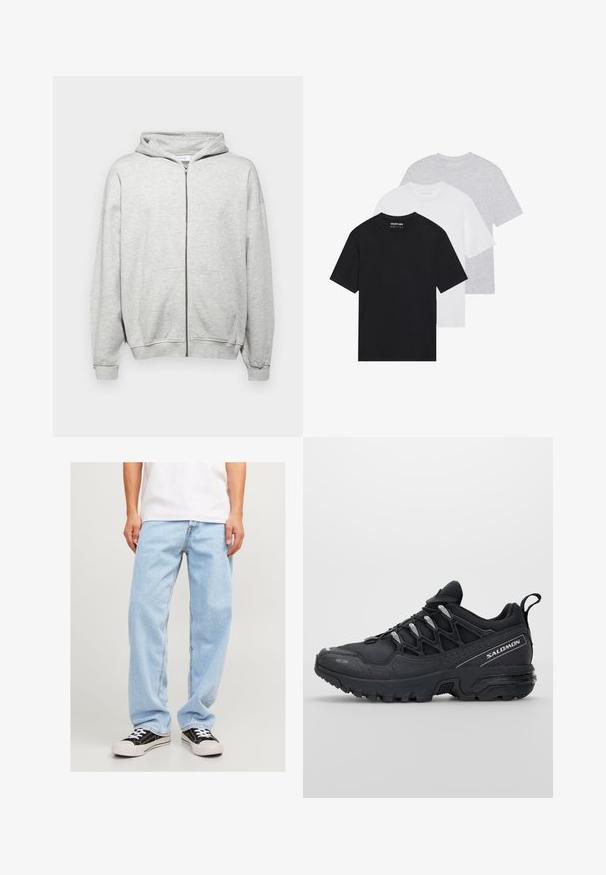 Světle šedá mikina na zip vyrobená z měkké tkaniny. Má kapuci, dvě přední kapsy a žebrované manžety pro pohodlné nošení.; Sada tří základních triček v černé, bílé a světle šedé barvě. Krátké rukávy, kulatý výstřih, vyrobena z hladké bavlněné tkaniny. Viditelné logo značky.; Světle modré džíny s uvolněným střihem, s rovnými nohavicemi a standardním šitím, spárované s černými teniskami.; Černé sportovní boty s síťovaným svrškem, gumovou podrážkou a reflexními detaily. Mají polstrovanou podrážku a design se šněrováním.