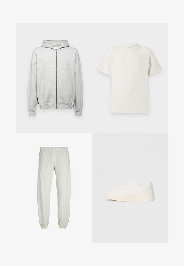Felpa zip grigia chiara realizzata in tessuto morbido. Presenta un cappuccio, due tasche frontali e polsini a costine per una vestibilità confortevole.; T-shirt bianca a maniche corte in texture a coste. Girocollo, vestibilità rilassata, senza modelli o accenti visibili. Design semplice e versatile.; Pantaloni tuta bianchi realizzati in tessuto morbido, dotati di vita e polsini elastici, con una texture liscia e una vestibilità ampia.; Sneakers bianchi slip-on con superficie texturizzata, suola spessa e design minimalista. Presentano il logo del marchio sul lato.