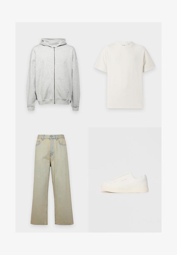 Haut à capuche zippé gris clair en tissu doux. Doté d'une capuche, de deux poches avant et de poignets côtelés pour un ajustement confortable.; T-shirt blanc à manches courtes en texture côtelée. Encolure ronde, coupe décontractée, sans motifs ni accents visibles. Design simple et polyvalent.; Jeans en denim bleu clair à jambes larges avec une finition délavée. Comprend cinq poches et une fermeture à bouton à l'avant.; Baskets blanches sans lacets avec une surface texturée, une semelle épaisse et un design minimaliste. Présente le logo de la marque sur le côté.