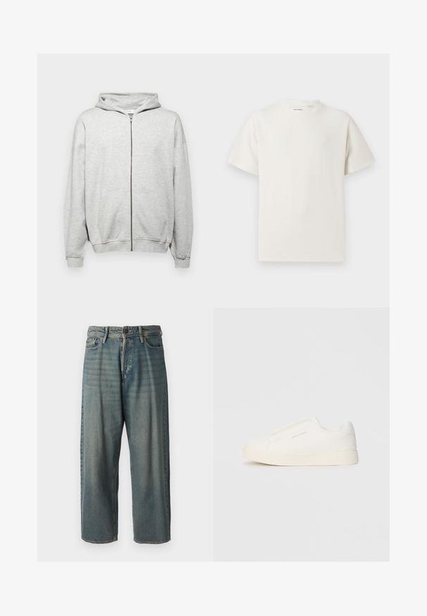 Light grey zip-up hoodie made of soft fabric. Features a hood, two front pockets, and ribbed cuffs for a comfortable fit.; White short-sleeve T-shirt in a ribbed texture. Round neckline, relaxed fit, no visible patterns or accents. Simple and versatile design.; Light blue denim jeans with a loose fit, mid-rise waist, and straight legs. Features five pockets, belt loops, and a button closure.; White slip-on sneakers with a textured surface, a thick sole, and minimalistic design. Features brand logo on the side.