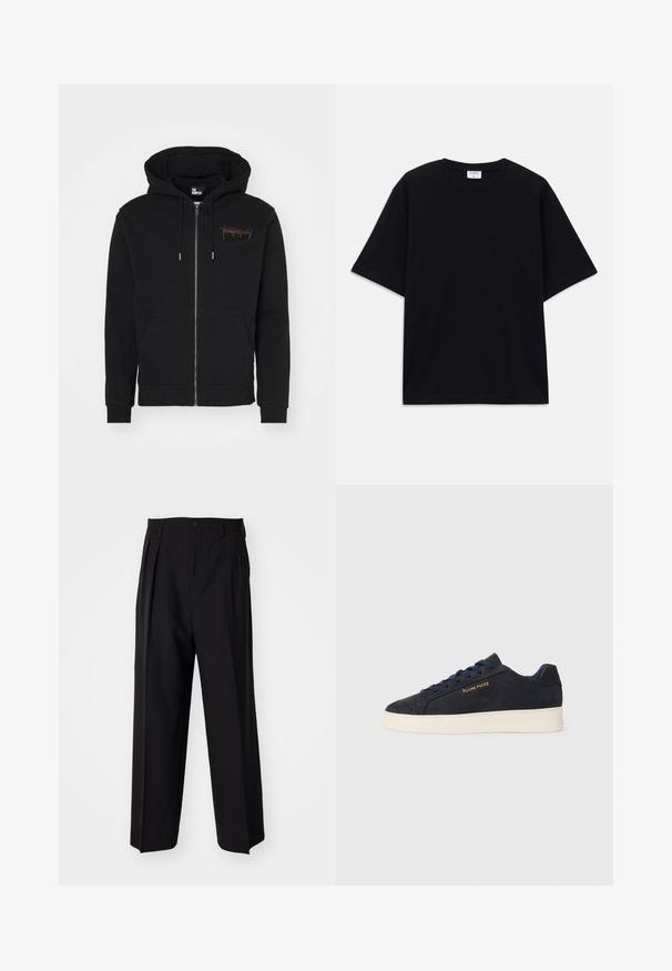 Fekete, cipzáros kapucnis pulóver, puha anyagból készült, elülső zsebével és színes logóval a bal melle részén. Bélelt kapucnival rendelkezik.; Fekete, rövid ujjú, oversize póló kerek nyakkivágással és látható Filippa K márkacédulával a gallér belső részén.; Fekete, pliszírozott nadrág, egyenes, széles lábakkal. Sima anyagból készült, gombos záródással és övhurkokkal rendelkezik.; Sötétkék velúr, alacsony szárú teniszcipő fehér talppal, sötétkék fűzőkkel és arany színű "Filling Pieces" logóval az oldalán.