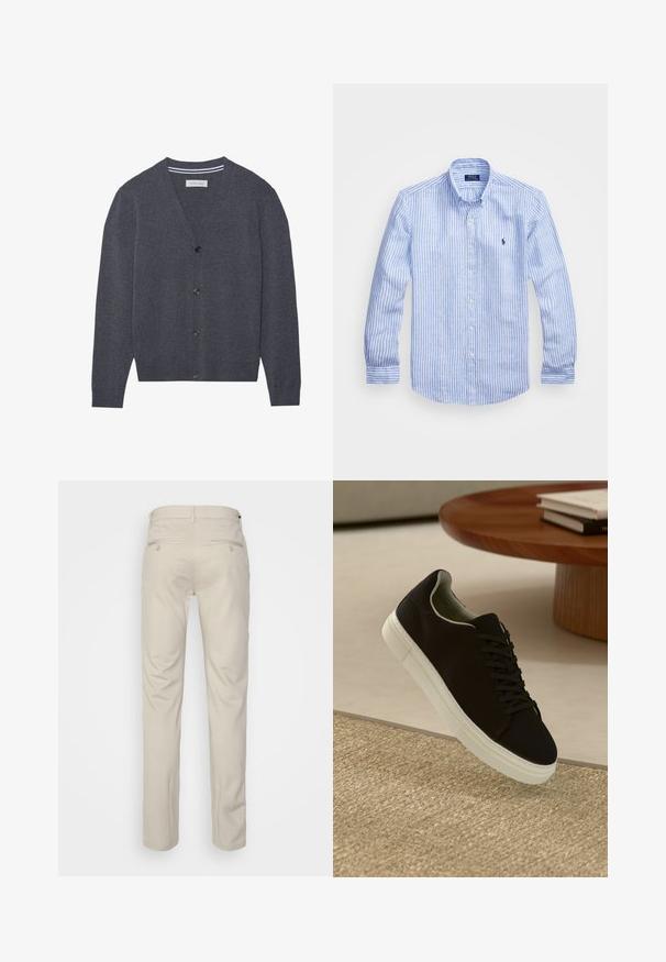 Plyšový kardigán v uhľovo šedej farbe, vyrobený z textúrovaného materiálu, s výstrihom do V, šiestimi gombíkmi a kontrastným pruhovaným vnútorným golierom.; Modrá a biela prúžkovaná košeľa s dlhými rukávmi vyrobená z bavlny, vybavená golierom na gombíky, prednými gombíkmi a malým vyšitým logom na hrudi.; Béžové nohavice s hladkou textúrou, rovný strih, dve zadné vrecká s gombíkmi a štandardný pás.; Čierna teniska s bielou podrážkou plávajúca nad béžovým textúrovaným kobercom pri okrúhlom drevenom stole s hromadou kníh.