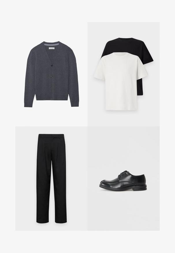 Charcoal gray cardigan made from textured fabric, featuring a V-neck, six buttons, and a contrasting striped inner collar.; Cotton t-shirt set featuring a black top and a white top, both with short sleeves, round neckline, and standard fit. Textured fabric.; Black trousers made of smooth fabric, featuring a straight-leg design, two front pleats, and standard waistband with belt loops.; Black leather lace-up shoes with a rounded toe, smooth texture, and a low heel. Features stitching detail along the upper and sides.