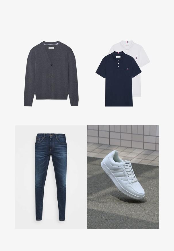Charcoal gray cardigan made from textured fabric, featuring a V-neck, six buttons, and a contrasting striped inner collar.; Two polo shirts: one navy blue and one white, both with a small red, white, and blue accent on the chest pocket and collar.; Dark blue denim jeans with a slim fit, subtle fade, five pockets, and a metal button closure. Stitched accents in contrasting color.; White athletic sneaker with smooth leather upper, lace-up front, perforated toe, and patterned sole. Minimalist design with three side stripes.