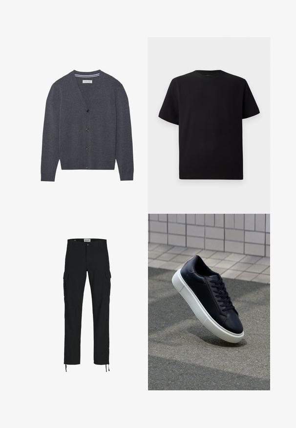 Cardigan grigio carbone realizzato in tessuto testurizzato, con scollo a V, sei bottoni e un colletto interno a righe in contrasto.; T-shirt corto nero a maniche corte realizzato in tessuto testurizzato, con scollatura rotonda e vestibilità comoda. Semplice, senza motivi o dettagli.; Pantaloni cargo neri con taglio dritto, dotati di tasche laterali, chiusura con bottone e coulisse elastiche alle caviglie. Realizzati in tessuto resistente.; Sneaker in pelle nera con punta arrotondata e suola in gomma bianca. Presenta lacci piatti e cuciture minime sulla parte superiore. Suola testurizzata per una migliore aderenza.