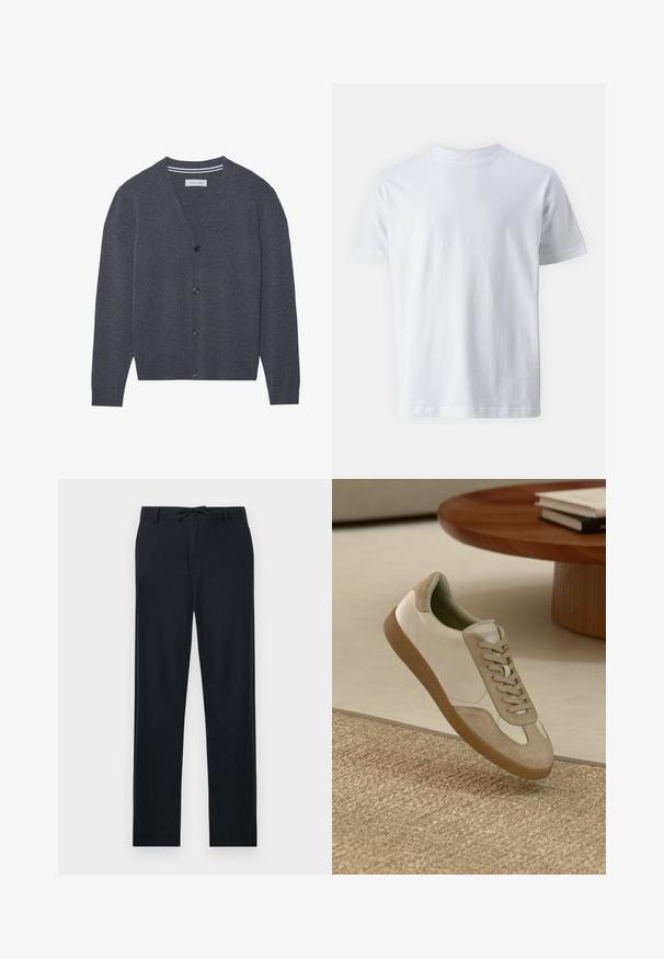 Krakts oglekļa pelēks kardigans, izgatavots no teksturētas auduma, ar V-veida kaklu, sešiem pogām un kontrastējošu svītrainu iekšējo apkakli.; Balts īsām piedurknēm t-krekls, kas izgatavots no kokvilnas, ar apaļu kakla izgriezumu un gludu tekstūru, ar taisnu griezumu un bez rakstiem.; Melni bikses, kas izgatavotas no viegla materiāla, ar taisnu griezumu, regulējamu auklu jostasvietā un divām sānu kabatām.; Vieglie sporta apavi ar baltu ādas virsu, beige zamša akcentiem, apaļu pirkstu un strukturētu brūnu gumijas zoli.