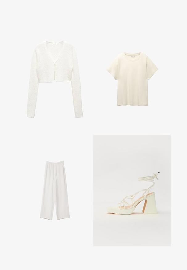 Bijela pletena kratka kardigan sa dugim rukavima, V-izrezom i prednjim kopčanjem na dugmad. Tekstura tkanine sa suptilnim varijacijama u uzorku.; Svijetlo bež majica kratkih rukava s okruglim izrezom, izrađena od meke, glatke tkanine. Karakterizira je opušteni kroj i ravni rub.; Bijele hlače širokih nogavica napravljene od lagane tkanine. Imaju elastičan pojas s ušicom i bočne džepove. Glatka tekstura.; Bijela sandala na visokoj potpetici s debelim petom, s remenom i vezanjem oko gležnja. Glatka tekstura s platformom sprijeda za dodatnu visinu.