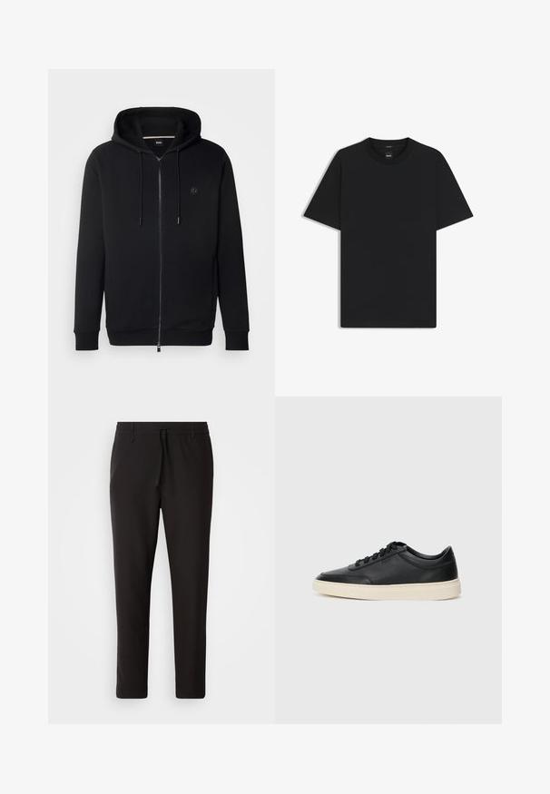 Felpa nera con zip realizzata in tessuto di cotone morbido. Caratterizzata da un cappuccio con cordino e dettagli con logo sul petto, con polsini e orlo a coste.; Maglietta nera a maniche corte realizzata in un morbido misto cotone, con scollatura a girocollo e un design minimalista senza motivi o dettagli.; Pantaloni jogger neri realizzati in tessuto liscio. Presentano una vita elasticizzata con stringa, gambe affusolate e senza tasche visibili. Design semplice.; Sneaker in pelle nera a basso profilo con lacci neri e suola avorio, mostrato di profilo su sfondo bianco.