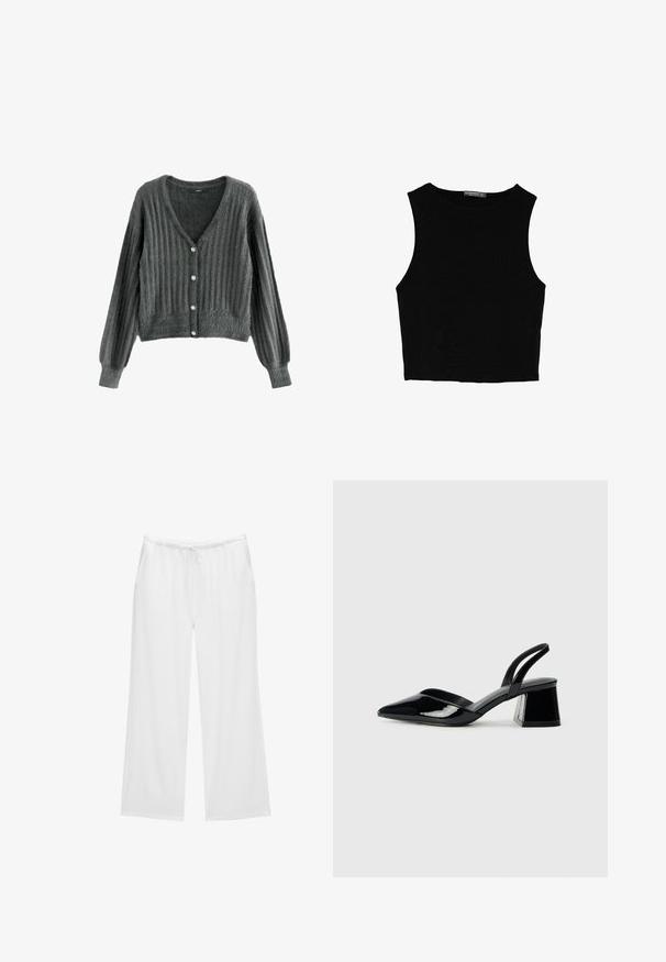 Next SOFT TOUCH FLUFFY V-NECK - Jopica - grey charcoal; Črn brez rokavov crop top, izdelan iz gladkega materiala, z okroglim izrezom in čistim, preprostim dizajnom brez vzorcev ali dodatkov.; Bele široke hlače iz mehkega blaga, opremljene z elastičnim pasom z vrvico in dvema stranskima žepoma. Preprost in čist dizajn.; Črne lakirane slingback pete s koničastim nosom in geometrijsko blokasto peto. Imajo eleganten, minimalističen dizajn in gladko teksturo.