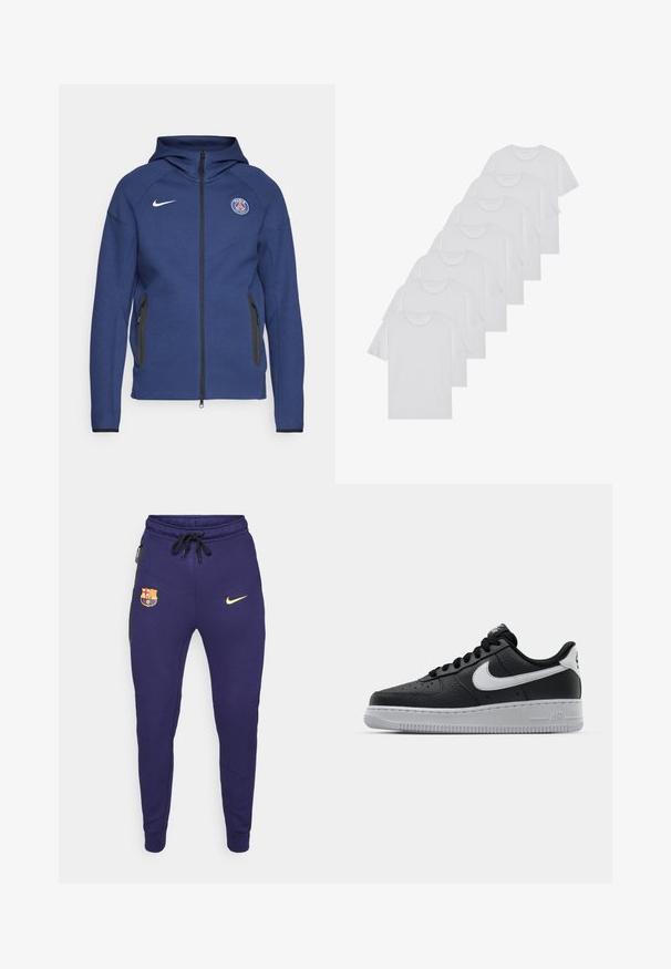 Mørkeblå hettegenser laget av mykt stoff med full glidelås, sidelommer og et logo-patch. Den har et strukturert design med hette.; Hvite bomulls T-skjorter, korte ermer, rund hals-design, enkel tekstur, stablet i en rekke, med subtil merking ved halsen.; Mørkeblå joggebukser med et gullfarget Nike-logo, et brodert FC Barcelona-emblem og svarte sideakenter, med snøring i livet.; Svart lær sneakers med teksturert overflate, hvit Nike swoosh, grå såle, rund tå og snøredesign. Har perforeringer på tåboksen.