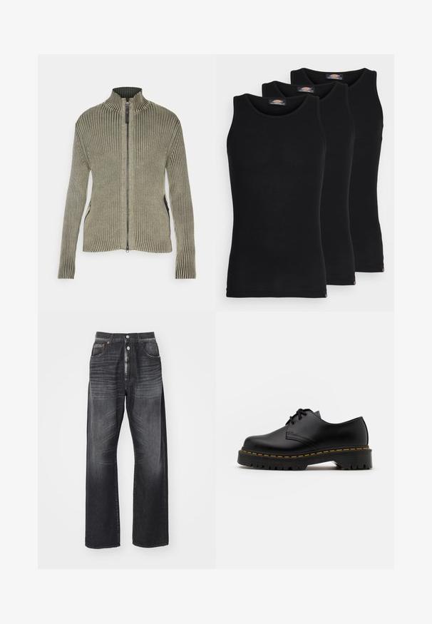 Replay Kardigán - mud green; Čierne tielka v balení po troch kusoch. Ríflový povrch, klasický okrúhly výstrih, bez rukávov. Lem obsahuje malé logo značky na spodnej strane.; Tmavomodré široké džínsy vyrobené z denimu, s gombíkovým zapínaním, dizajnom s piatimi vreckami a jemným vyblednutím na látke.; Čierna kožená šnurovacia topánka s okrúhlou špičkou, štruktúrovanou gumovou podrážkou a žltým prešitím okolo základne. Plný dizajn a hladký povrch.