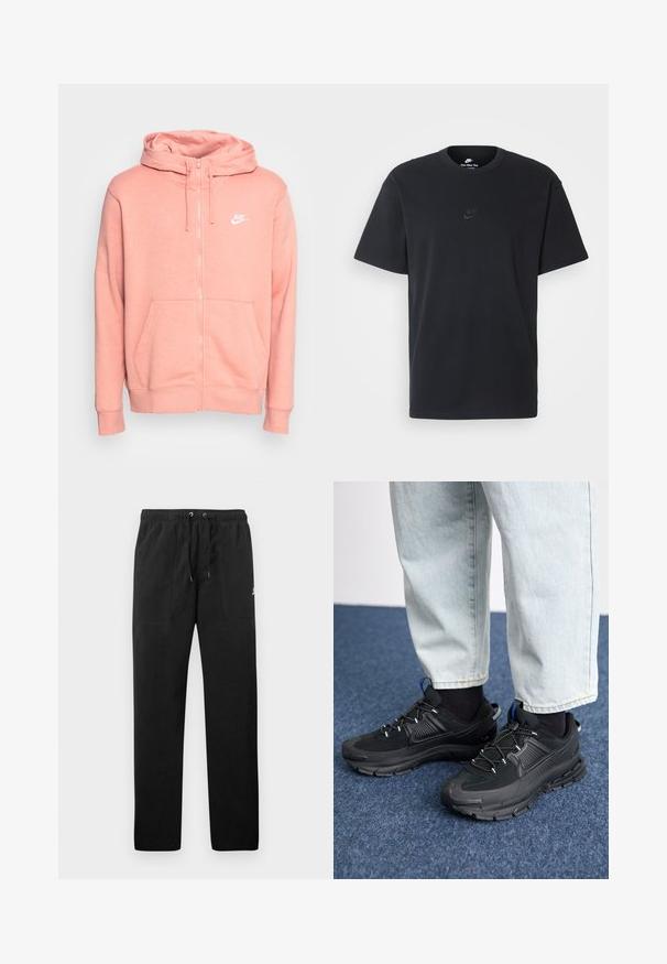 Nike Sportswear M CLUB HOODIE FZ BB - Camisola com fecho - lt madder root/white; T-shirt de algodão preto da Nike com um clássico decote redondo, mangas curtas e um logótipo em relevo discreto no peito. Textura suave.; Calças de fato de treino pretas feitas de polar, com uma cintura elástica e cordões, dois bolsos frontais e um pequeno logótipo na coxa.; Sapatilhas desportivas pretas com tecido texturizado e solas em borracha, apresentando atacadores elásticos e um detalhe azul no calcanhar. Usadas com calças de ganga claras.
