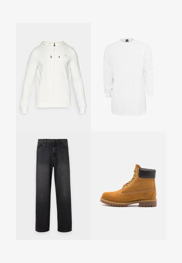 Fila ROBIN - Mikina so zipsom - white alyssum; Biela bavlnená tričko s dlhými rukávmi, okrúhlym výstrihom, voľným strihom a rebrovanými manžetami. Jednoduchý dizajn, bez grafiky alebo vzorov.; Tmavošedé džíny s rovnými nohavicami, so zapínaním na zips, piatimi vreckami a jemnými odfarbeniami na látke.; Tyrkysové semišové členkové topánky s čiernym polstrovaným golierom, zlatými kovovými očkami, bielym prešívaním a robustnou gumovou podrážkou s výraznými drážkami.