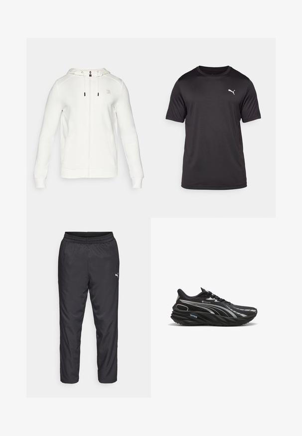 Fila ROBIN - Felpa con zip - white alyssum; T-shirt tecnico nera realizzata in tessuto traspirante, colletto rotondo, maniche corte, con un piccolo logo bianco sul lato sinistro del petto.; Pantaloni sportivi neri realizzati in materiale liscio e leggero. Presentano un elastico in vita e un piccolo logo bianco sul lato sinistro.; Scarpa da corsa nera realizzata in materiale GORE-TEX, con una tomaia testurizzata, suola curvata e dettagli riflettenti argentati.