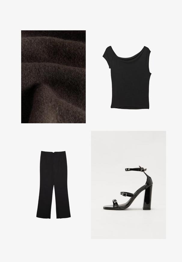 Tmavohnedá tkanina s jemnou, plyšovou textúrou, ktorá vykazuje subtílné variácie v odtieni a hĺbke, naznačujúce vlnu alebo podobný materiál.; Čierny krátky rukáv top vyrobený z hladkej tkaniny; má prehnutý výstrih a asymetrický lem, s priliehavým telom.; Čierne nohavice so strihom rovného strihu, s prednými vreckami a bočnými rozparkami na leme. Vyrobené z mäkkej, hladkej tkaniny. Vhodné na rôzne príležitosti.; Čierne lakované sandále na podpätku so štvorcovou špičkou, navlečenými remienkami okolo členku a striebornými prackami. Disponujú masívnym blokovým podpätkom pre stabilitu.