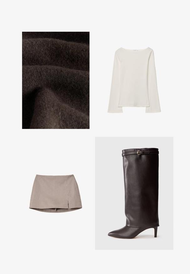 Mørkebrunt stof med en blød, fuzzy tekstur, der viser subtile variationer i skygge og dybde, som er typiske for uld eller lignende materiale.; Hvid langærmet top med bådudskæring. Lavet af blødt materiale, harflammende ærmer og en lige kant, hvilket giver et enkelt og alsidigt design.; Brun og hvid lille ternet mini skirt med en frontslids, vist fladt på en hvid baggrund.; Sort læder knæ-høj støvle med spids tå og slank hæl. Har en fold-over top med en guldfarvet spændeaccents. Glat tekstur.